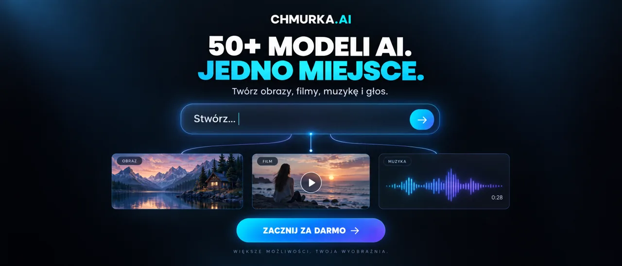 chmurka.ai: ponad 50 modeli AI w jednym miejscu. Twórz obrazy, filmy, muzykę i głos.